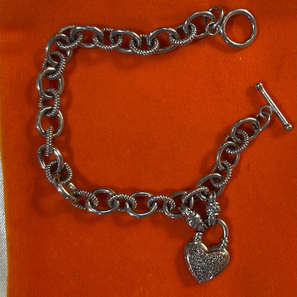 Sterling Silver 925 Diamond Heart Charm Rolo Link Toggle Bracelet Signed KRN - Picture 1 of 16